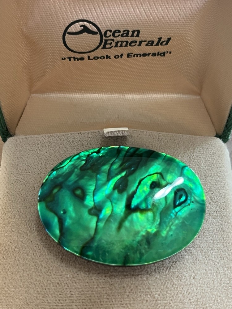 Vintage Ocean Emerald Green Abalone Shell Oval Brooch Pin In Box Iridescent