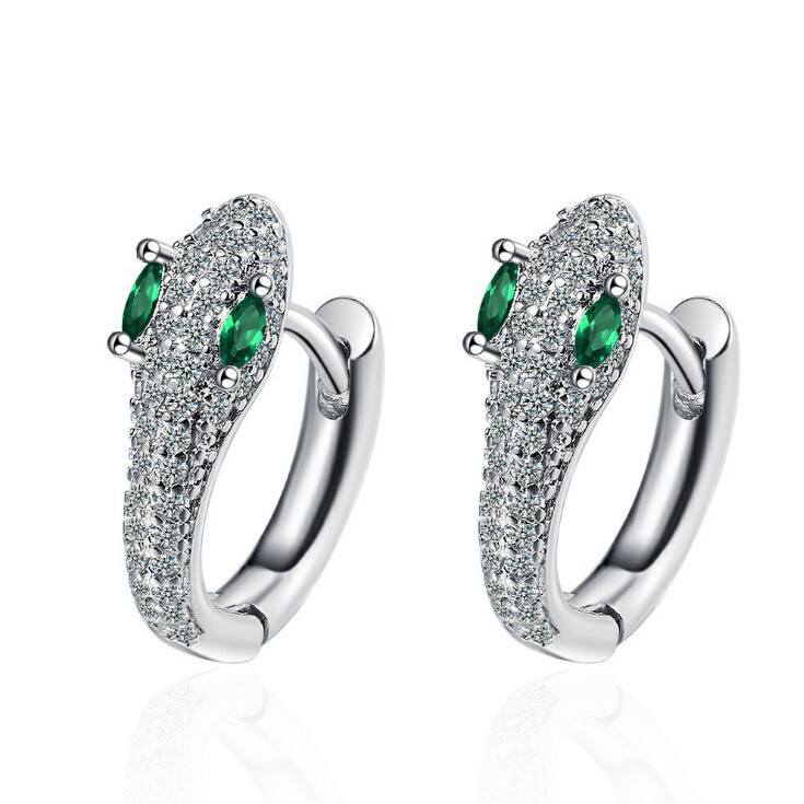 Eyes Snake Hoop Huggie Earrings 2.4 Ct Simulated Emerald 14K White Gold Plated