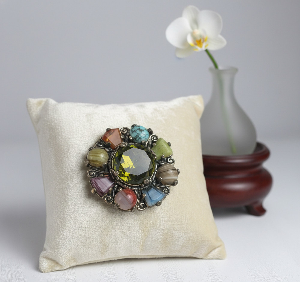 Vintage MIRACLE Multicolor Pebble Style Brooch Large 45mm Art Glass Statement