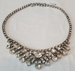 Vintage Rhinestone Statement Necklace Silver Tone Bib Bridal 15.5in