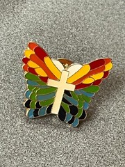 Vintage Red Yellow Blue Green Enamel Butterfly w White CROSS Goldtone Lapel Hat