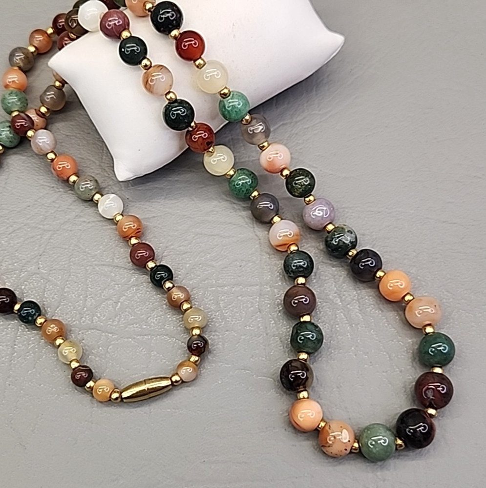 Vintage Stone Beaded Necklace 9mm Round Multicolor Assorted 28″