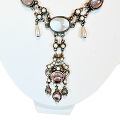 Vintage Moonstone Rhinestone Simulated Pearl Necklace Victorian Poured Glass