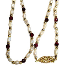 Vintage Genuine Rice Pearls & Almandine Garnet Beaded Necklace & Bracelet Set