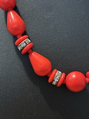Vintage Vibrant Red Glass Ball &Tear Drop Bead Necklace Rhinestone Rondel Accent