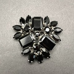 Vintage Rhinestone Brooch Black Crystal Domed Floral Spray