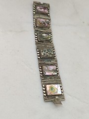 Alpaca MOP Silver Wide Bracelet Signed EGS GUAD JAL, HECHO EN MEXICO