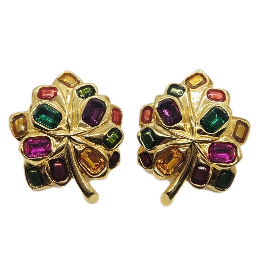 Joan Rivers Leaf Earrings Pierced Crystal Multicolored Gold tone Vintage 1.25 in