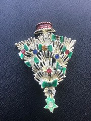 Vintage Unusual White Enamel w Green Bows & Red Yellow & Blue Rhinestones Christ