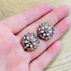 VTG B. David earrings Aurora Borealis crystal Rhinestone Jeweled pearl clip rare
