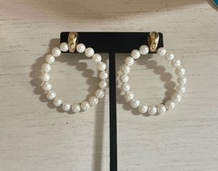 Vintage Open Circle Hoop Faux Pearl Ivory Gold 2” Drop Statement Earrings