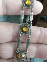 Antique Art Deco Silver Wash Czech Gold Glass 7-8 Inch Link Bracelet Draw String