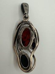 Vintage Polish 925 Sterling Silver Baltic Amber 3 Stone Modernist Pendant