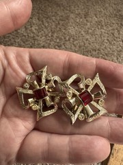 Vintage Kramer Gold Tone Red Baguette Rhinestone Clip On Earrings Signed