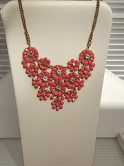 Vintage Charming Charlie Pink Coral Flower Petal Statement Necklace Rhinestones