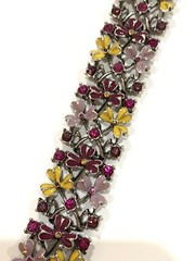 BEN AMUN bracelet Enamel Flowers Rhinestones Lavender Fuchsia Yellow 8”