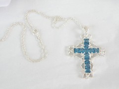 Large Sterling Silver 925 Heated London Blue Topaz Cross Pendant Necklace