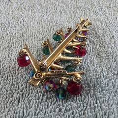 Vintage Hollycraft Christmas Tree Dangle Glass Bead Ornaments Brooch Pin, Signed