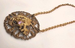 Vintage Art Nouvea Style Topaz Crystal Dragon Filigree Mixed Metal Necklace