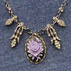 Vintage Charm Pendant Necklace on Sexy Black Chain w Purple Rose & Rhinestones