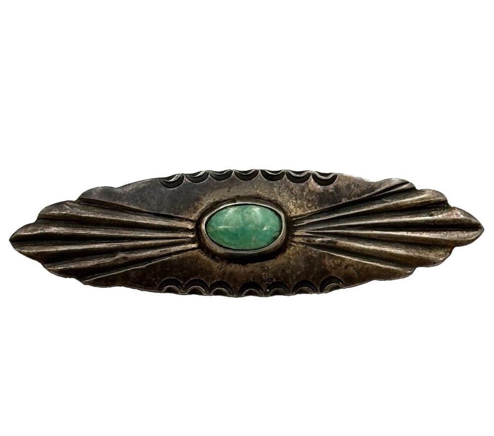 S Marked Sterling Silver 925 Oval Turquoise Sun Ray Cat’s Eye 2″ Brooch 5.8g