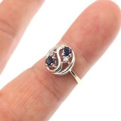 14k Solid White Gold Natural Blue Sapphire and Diamond YINYANG Ring Size 7.5