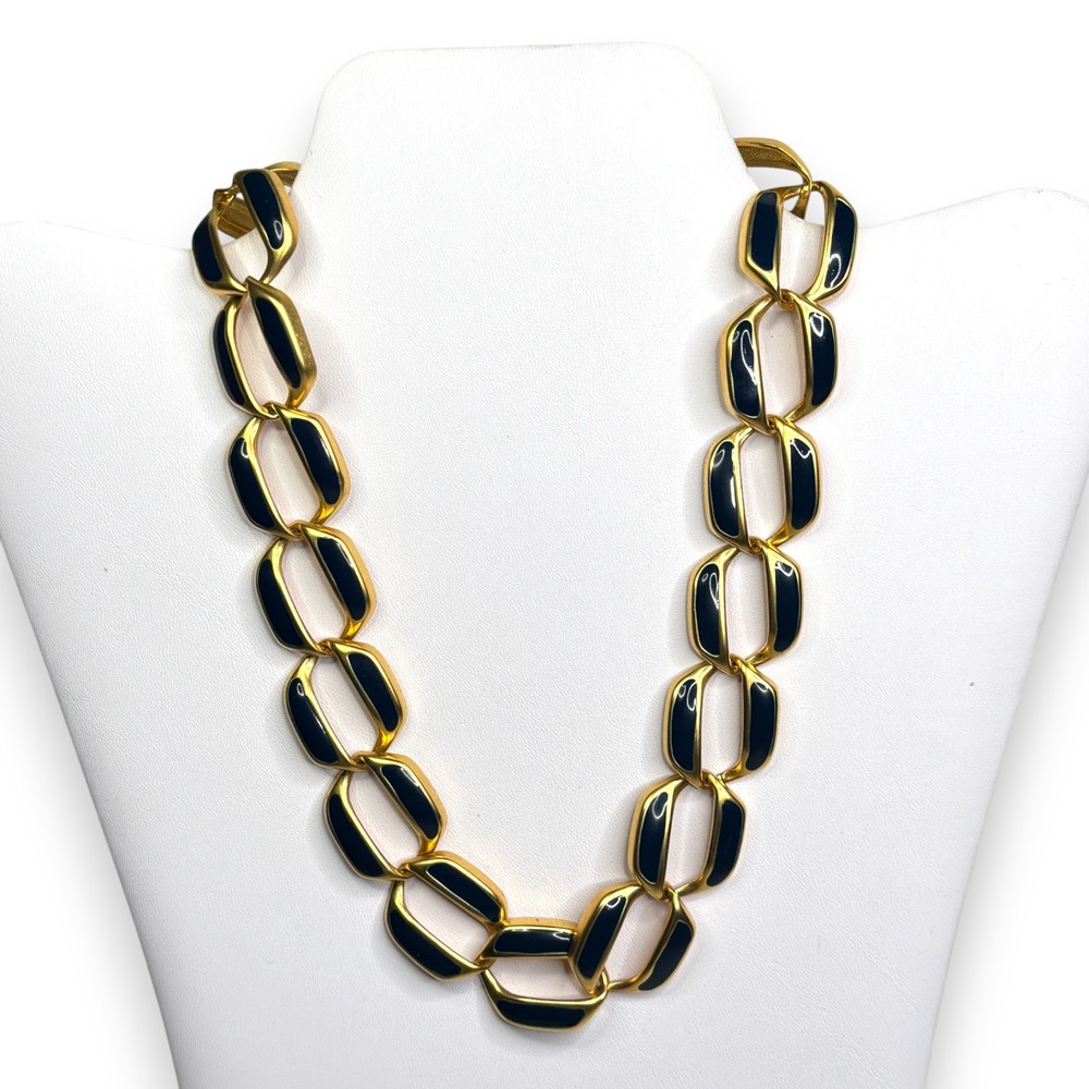 1980s Gold-Tone Navy Enamel Chunky Oversize Link Necklace 16″ Fold-Over Clasp