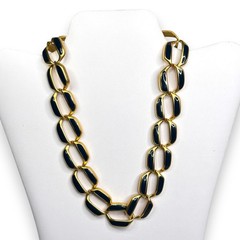 1980s Gold-Tone Navy Enamel Chunky Oversize Link Necklace 16″ Fold-Over Clasp
