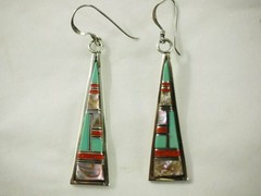 Fine 24 stone Gemstone inlaid Drop Dangle Earrings Sterling Silver Kidney Wires