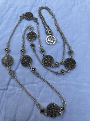 Crown Trifari Unique silvertone with markasite and disc stations 33” Necklace