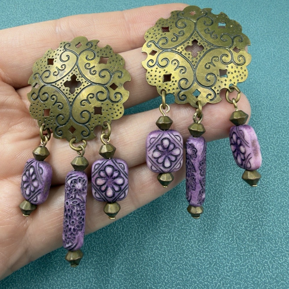 Vintage SIGNED JUN ✨ Boho Dangle Purple Brass Beaded Southwestern Gypsy EARRINGS