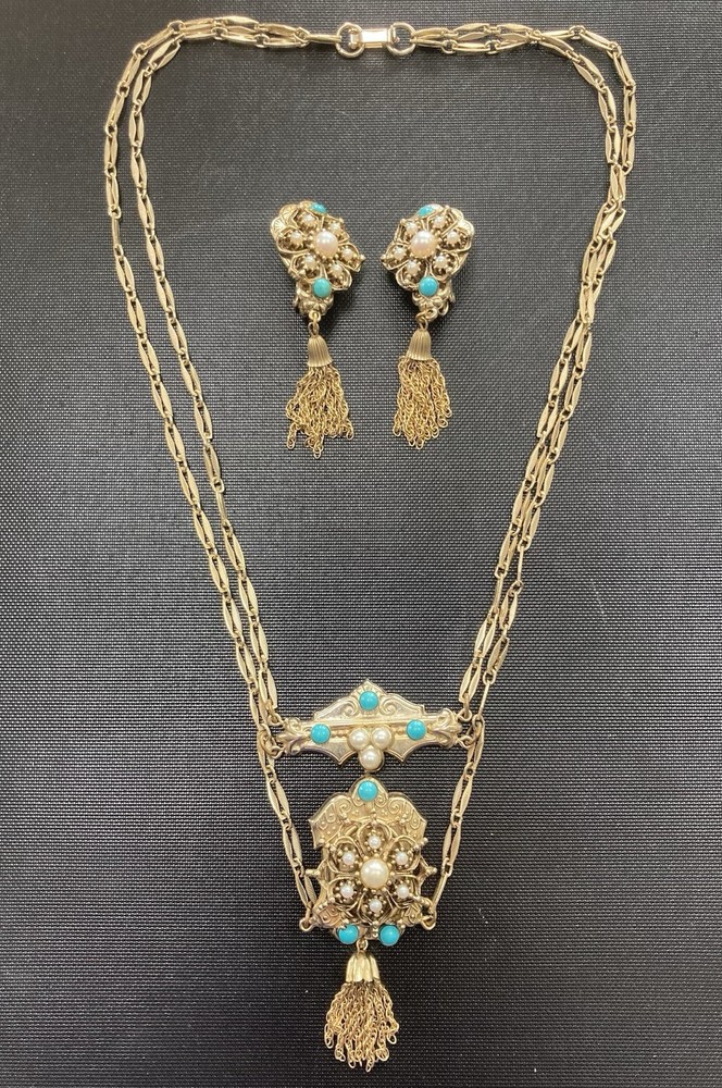 Vintage Victorian Revival Necklace Earrings Faux Pearl turquoise Festoon Tassel