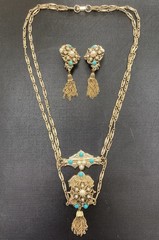 Vintage Victorian Revival Necklace Earrings Faux Pearl turquoise Festoon Tassel