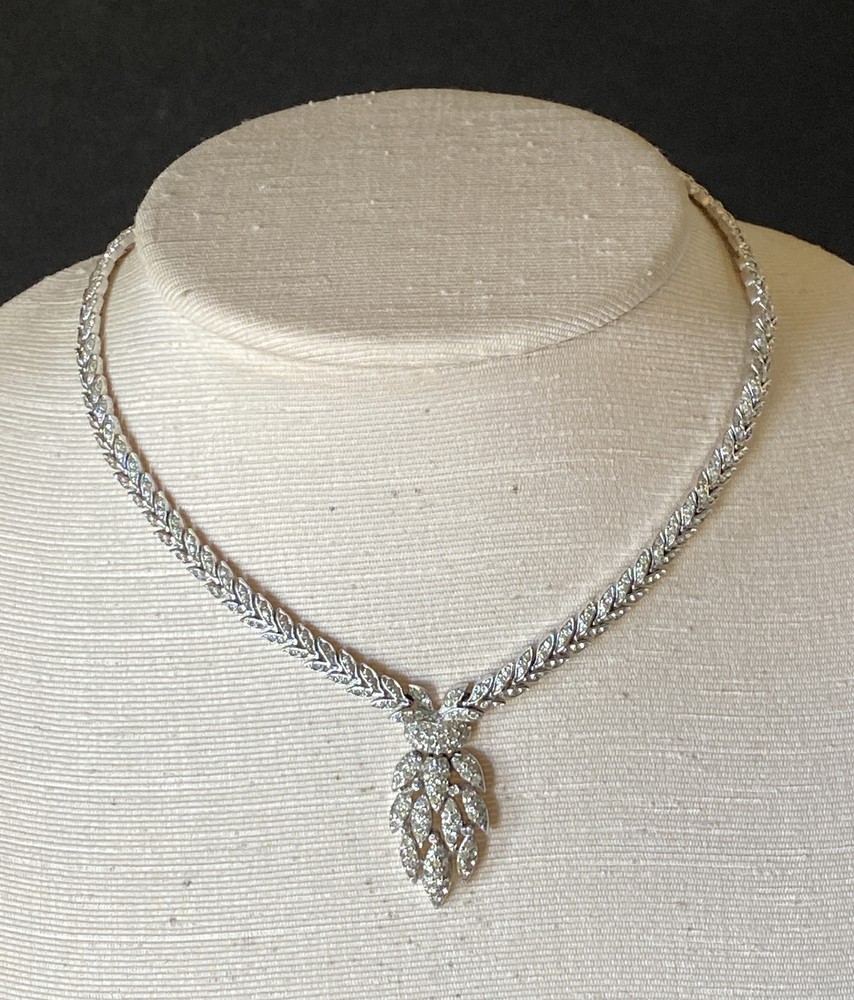 Vintage Pavé Crystal Rhinestone Statement Necklace Feather Drop