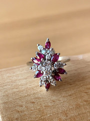 VINTAGE 14K WHITE GOLD RUBIES DIAMONDS CLUSTER SPRAY COCKTAIL RING STATEMENT