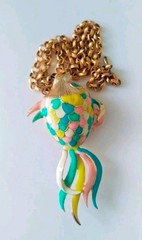 Vintage 1950s Mid-Century Colorful Enamel Tropical Fish Pendant Necklace