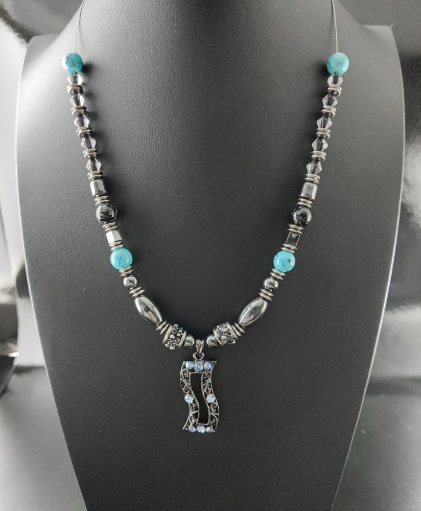 Vintage 90s Silver Art Deco Pendant Necklace Blue AB Crystals Rhinestones 18″