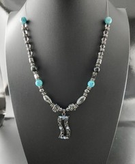 Vintage 90s Silver Art Deco Pendant Necklace Blue AB Crystals Rhinestones 18″