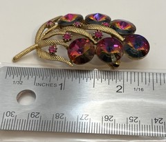 Vintage Watermelon Rivoli Rhinestone Leaf Brooch Gold Tone Pink Aurora Borealis