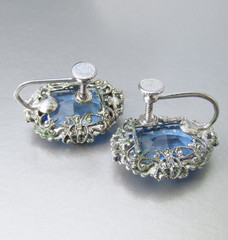 Antique 1920s Blue Rhinestone Silver Tone Screw Back Vintage Earrings