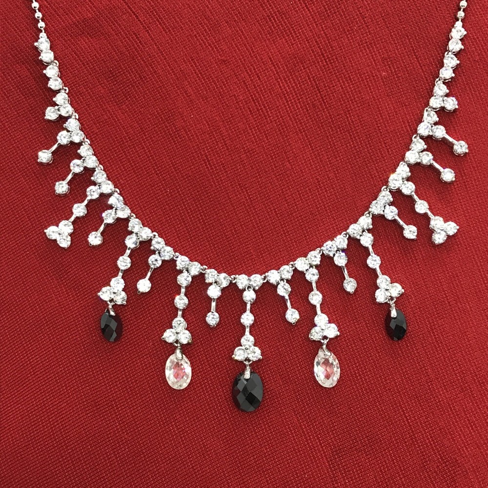 Vintage Silver tone Black Onyx Clear Cubic Zirconia Elegant Statement Necklace