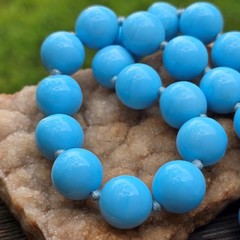 Vintage German Glass Bead Statement Necklace Hand knotted Sky Blue 15.5 in. +2in