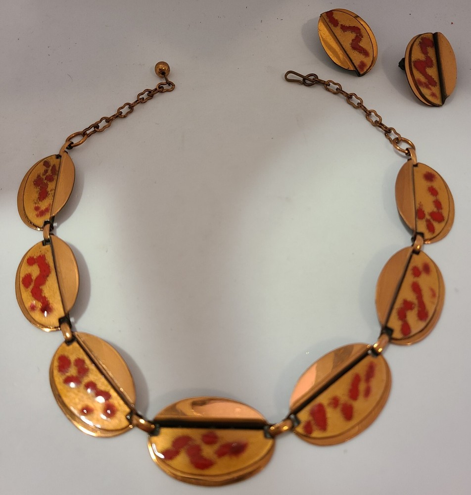 Vtg Copper Red Enamel 1.25″ Ovals Link 15.5″ Necklace Clip On Earrings to Match
