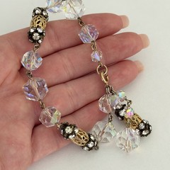 Vintage Clear AB Crystal Gold Tone Flower Openwork Beaded Tassel Bracelet 6.75″