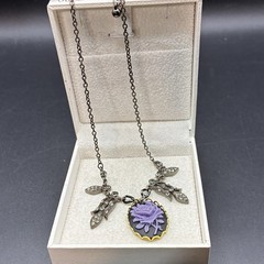 Vintage Charm Pendant Necklace on Sexy Black Chain w Purple Rose & Rhinestones