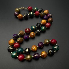 Vintage Wooden Bead Necklace Colorful Hand Painted Gold Accents Boho Artsy 30in