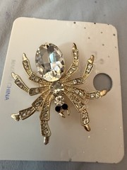 White Rhinestone Gold Tone Spider Brooch