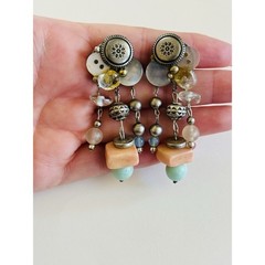 VTG Button Earrings Dangle statement Chunky Silver Pink Lucite Clip 1990s Rare