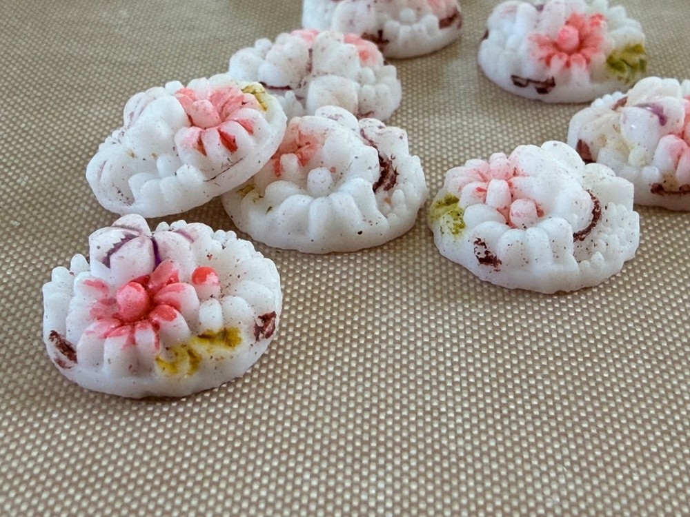 10 Antique Floral Milk Glass Cabochons Pink White Flower Jewelry Making NOS Lot