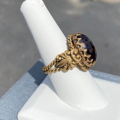 Vintage Ring Czech Glass Purple Cabochon Twisted Brass Adjustable Filigree Bezel
